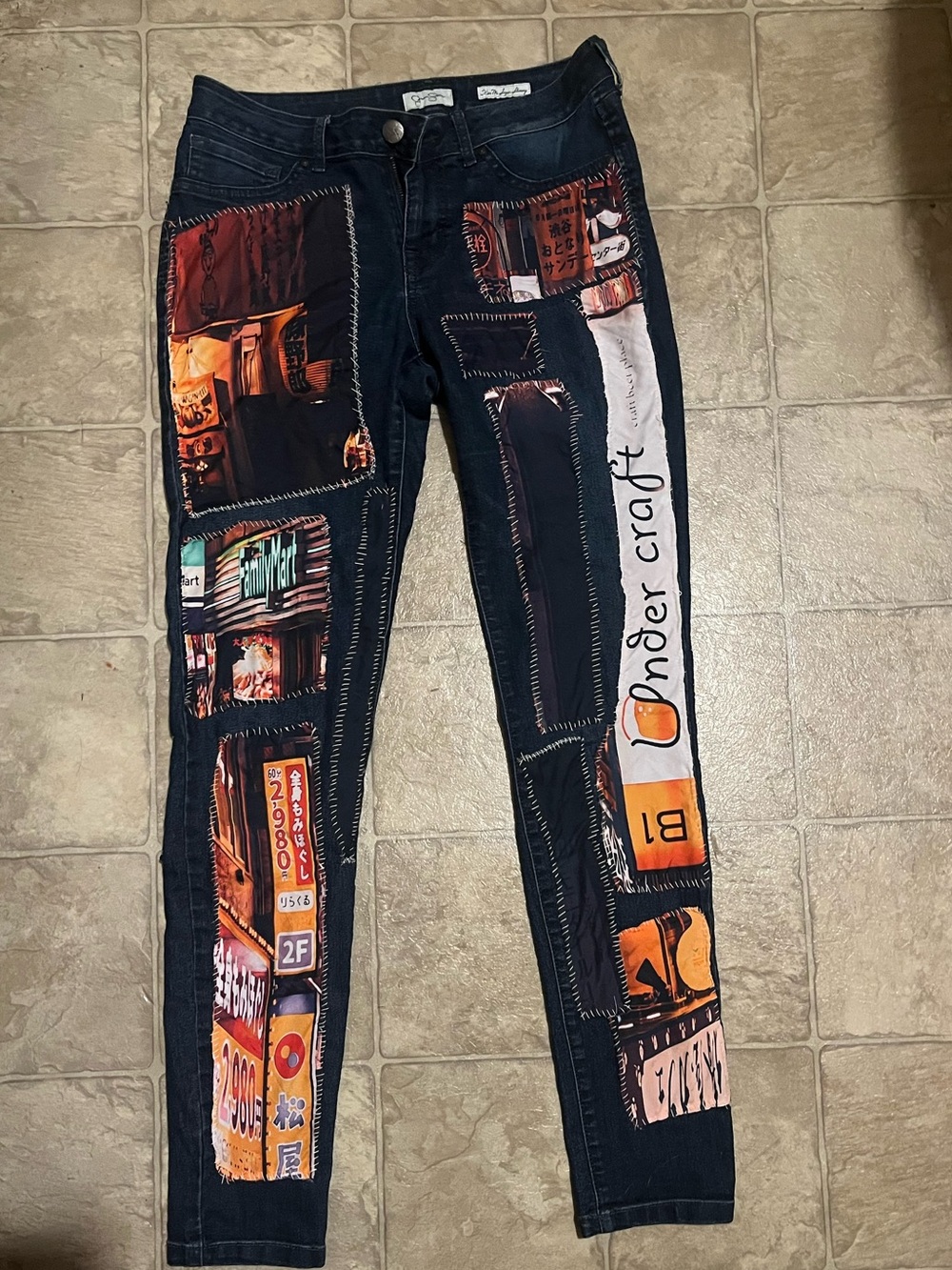 OOAK Reworked Women’s Dark Wash jeans with Upcycled Graphic Tokyo Patchwork